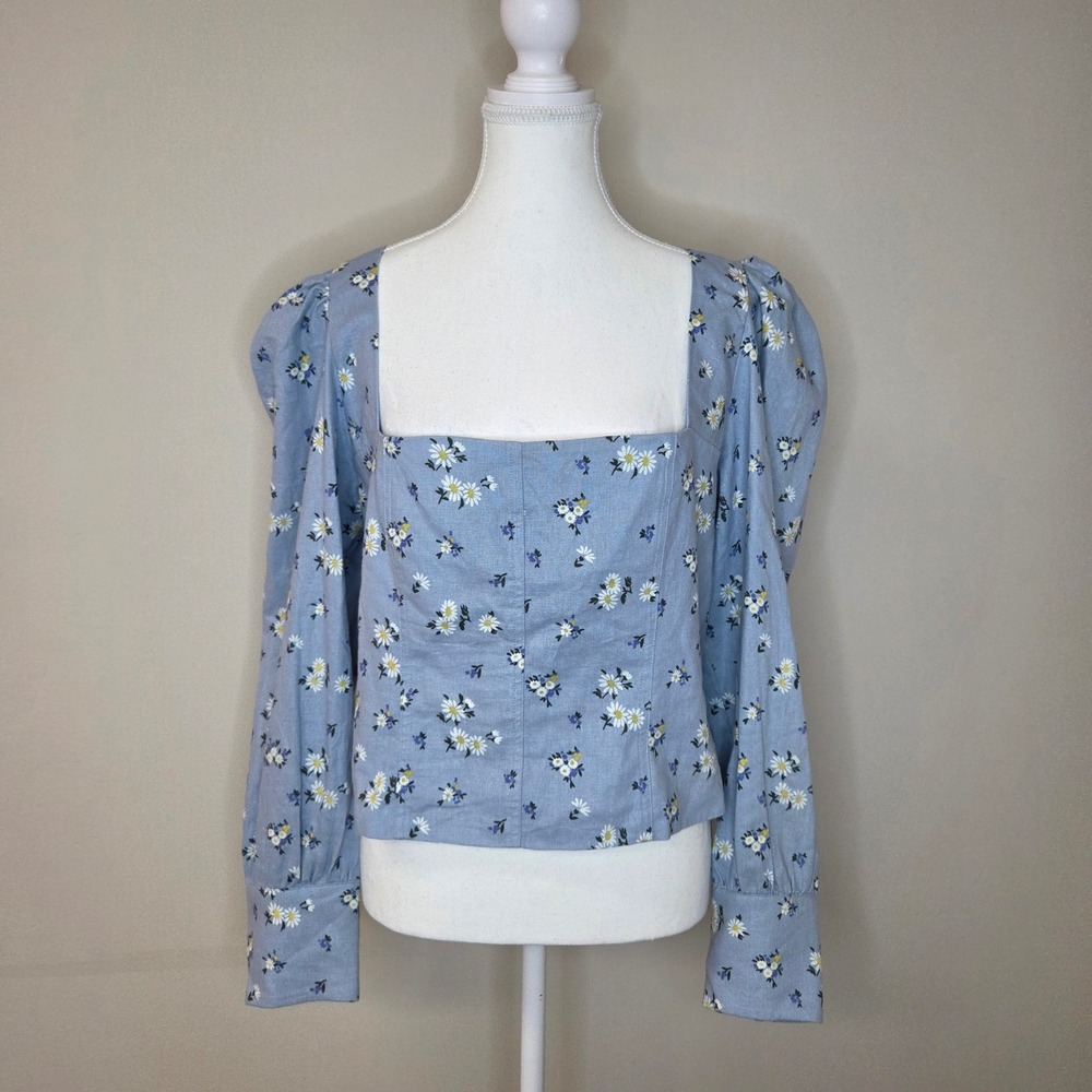 Rachel Zoe Blue Floral Puff Sleeve Top Square Neck Smocked XL Cottagecore‎